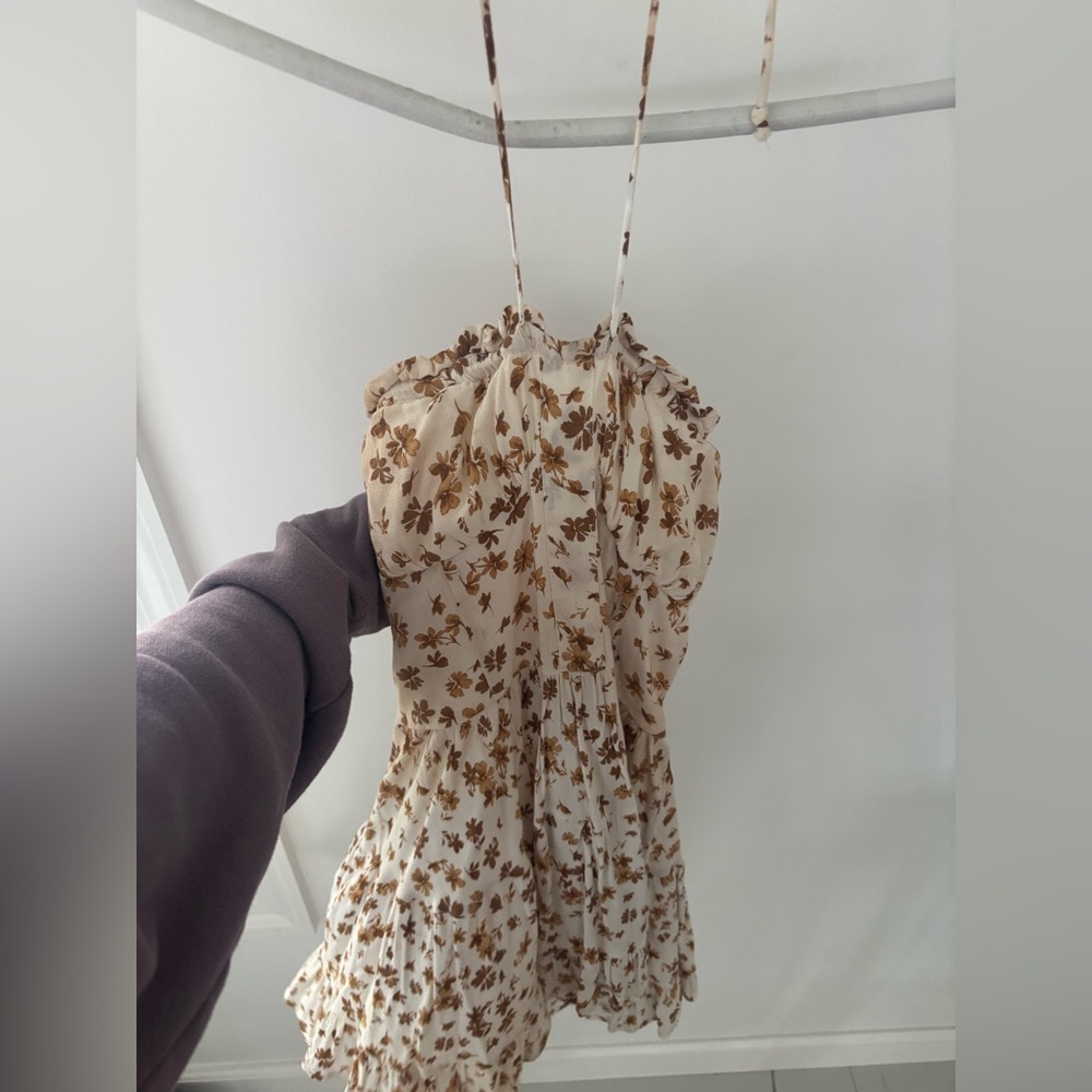 Hazel Boutique White/Brown Floral Spaghetti Strap Dress